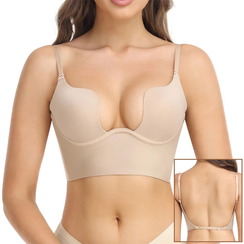 Deep V Invisible Shaper Bra Bodysuit – Backless Thong Corset with Push-Up Padded Bra, Clear Straps & Waist Trainer Support