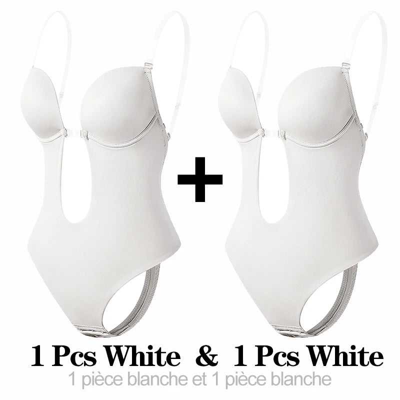 Deep V Invisible Shaper Bra Bodysuit – Backless Thong Corset with Push-Up Padded Bra, Clear Straps & Waist Trainer Support