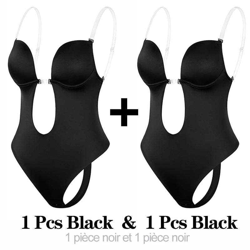 Deep V Invisible Shaper Bra Bodysuit – Backless Thong Corset with Push-Up Padded Bra, Clear Straps & Waist Trainer Support