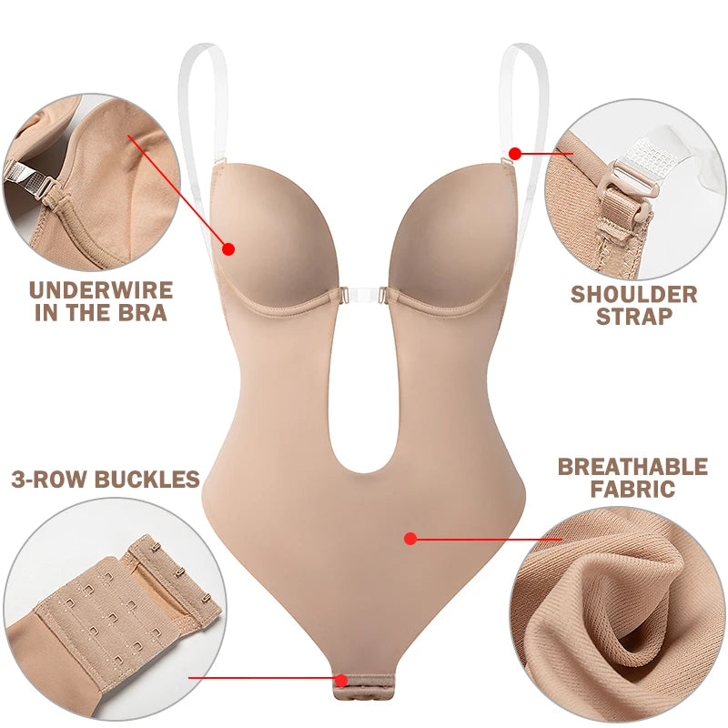 Deep V Invisible Shaper Bra Bodysuit – Backless Thong Corset with Push-Up Padded Bra, Clear Straps & Waist Trainer Support