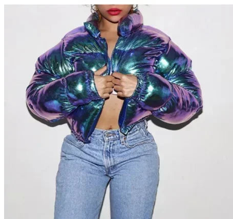 Glossy Short Puffer Jacket for Women – Cotton-Padded Zipper Coat | Casual Sexy Streetwear for Fall & Winter