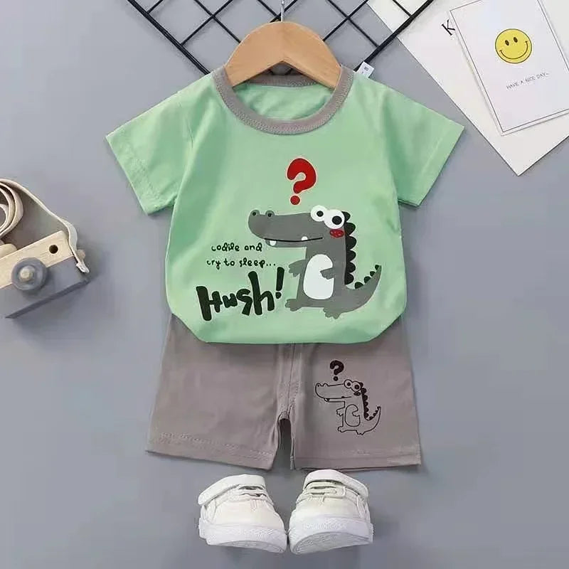 2-Piece Summer Cotton T-Shirt & Shorts Set for Toddlers – Unisex Cartoon Print Outfit