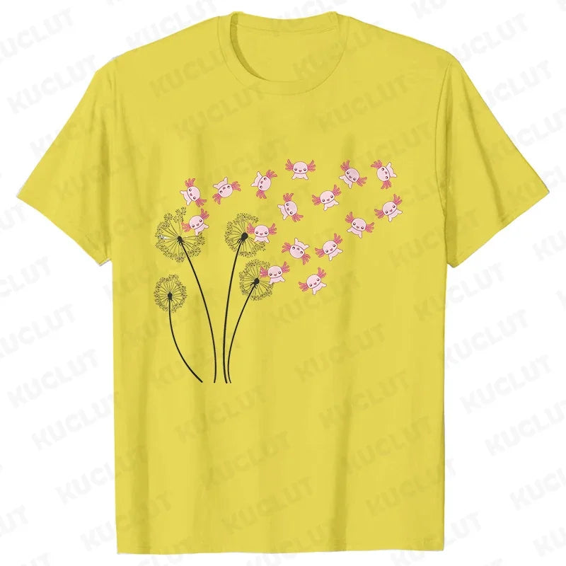 Dandelion Axolotl Flower T-Shirt – Whimsical Nature Meets Cute Charm