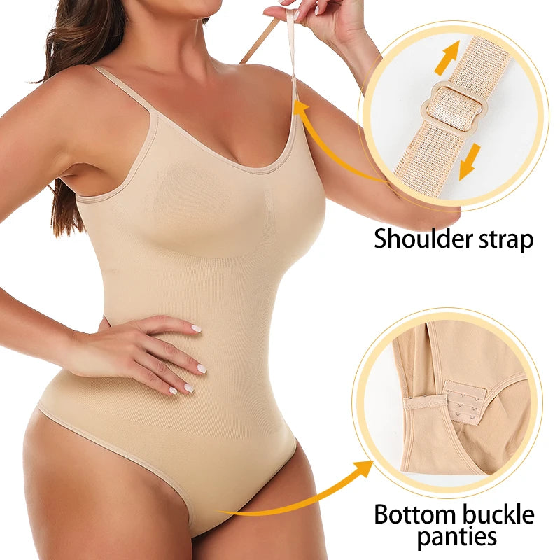 Low Back Bodysuit Shapewear for Women – Seamless Tummy Control Push-Up Body Shaper with Open Crotch & Adjustable Straps