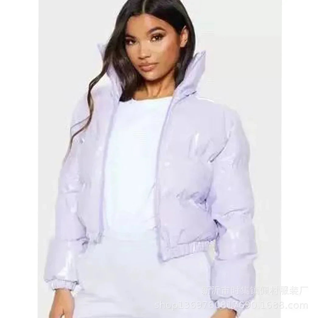 Glossy Short Puffer Jacket for Women – Cotton-Padded Zipper Coat | Casual Sexy Streetwear for Fall & Winter