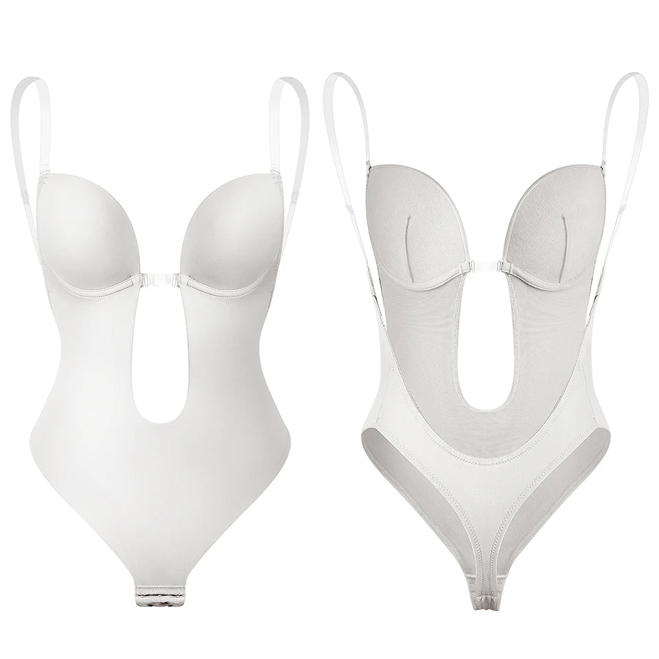 Deep V Invisible Shaper Bra Bodysuit – Backless Thong Corset with Push-Up Padded Bra, Clear Straps & Waist Trainer Support