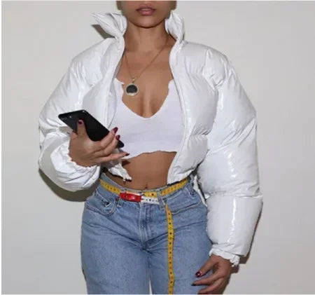 Glossy Short Puffer Jacket for Women – Cotton-Padded Zipper Coat | Casual Sexy Streetwear for Fall & Winter