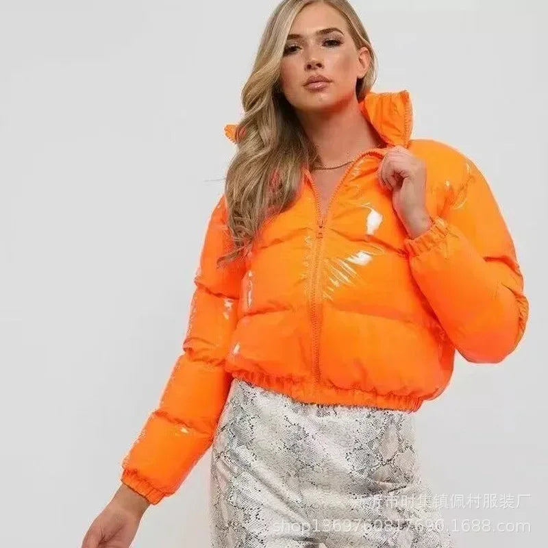 Glossy Short Puffer Jacket for Women – Cotton-Padded Zipper Coat | Casual Sexy Streetwear for Fall & Winter