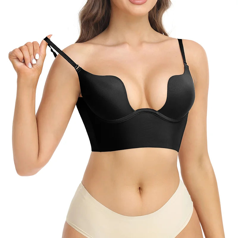 Deep V Invisible Shaper Bra Bodysuit – Backless Thong Corset with Push-Up Padded Bra, Clear Straps & Waist Trainer Support