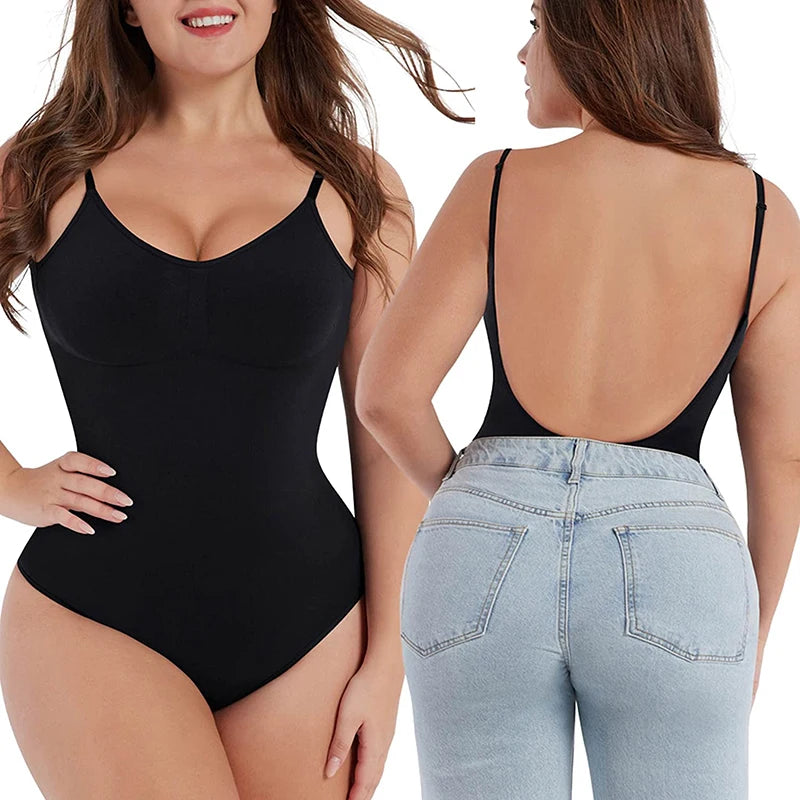 Deep V Invisible Shaper Bra Bodysuit – Backless Thong Corset with Push-Up Padded Bra, Clear Straps & Waist Trainer Support