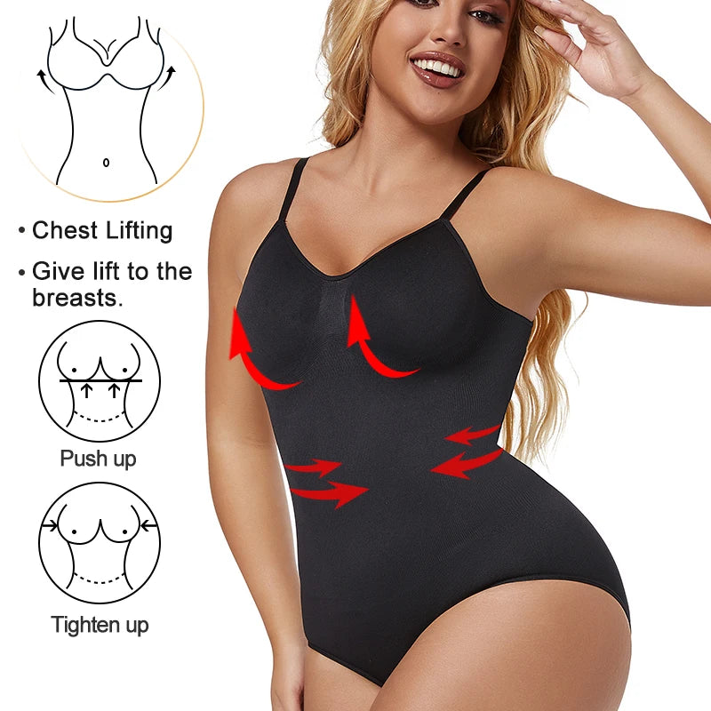 Low Back Bodysuit Shapewear for Women – Seamless Tummy Control Push-Up Body Shaper with Open Crotch & Adjustable Straps