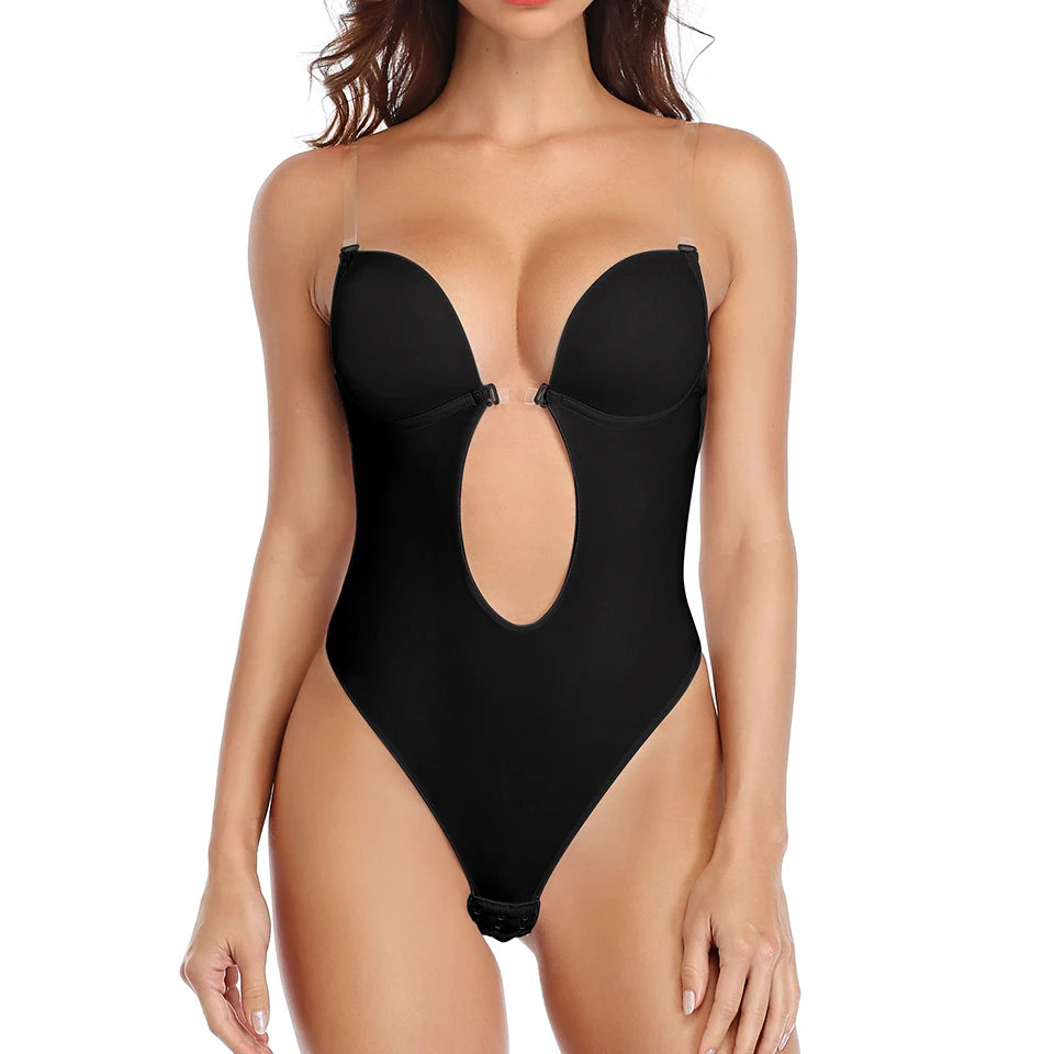 Deep V Invisible Shaper Bra Bodysuit – Backless Thong Corset with Push-Up Padded Bra, Clear Straps & Waist Trainer Support