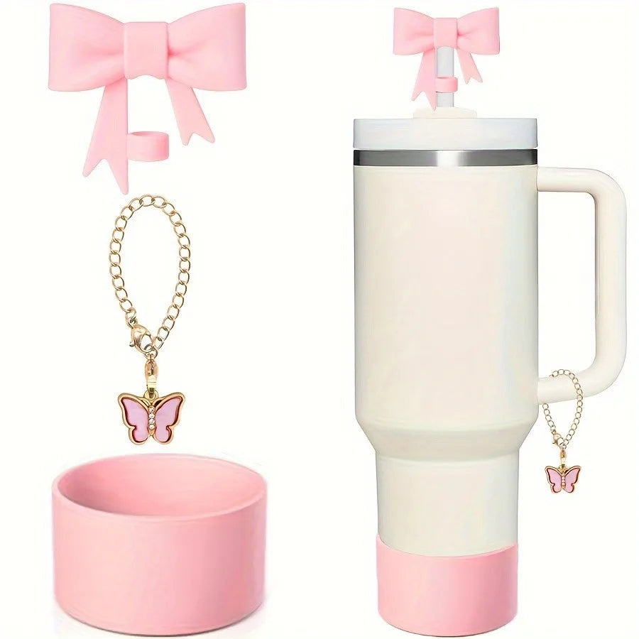 3Pcs Bow Straw Cap Covers & Toppers – Cute Silicone Accessories for Stanley Cups