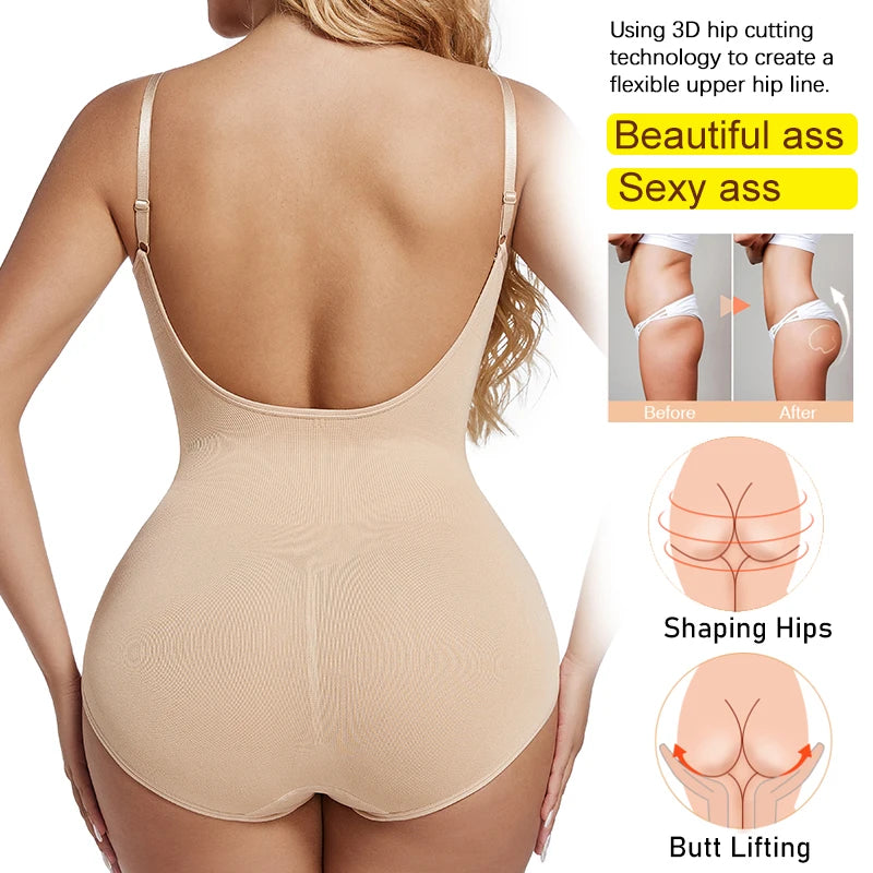 Low Back Bodysuit Shapewear for Women – Seamless Tummy Control Push-Up Body Shaper with Open Crotch & Adjustable Straps