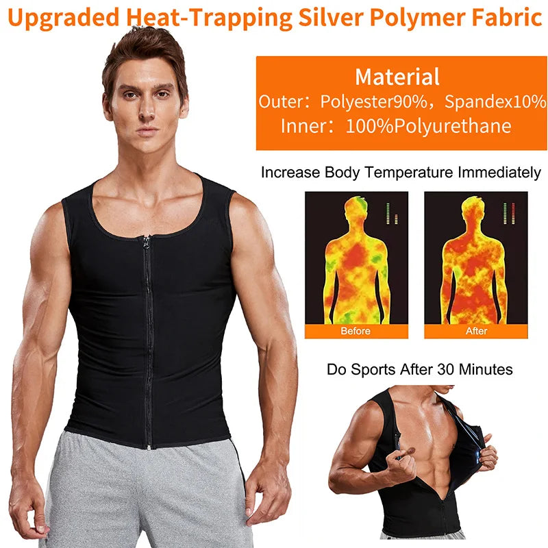 Men’s Sauna Sweat Vest – Heat-Trapping Slimming Body Shaper with Zipper | Compression Waist Trainer for Fitness & Weight Loss