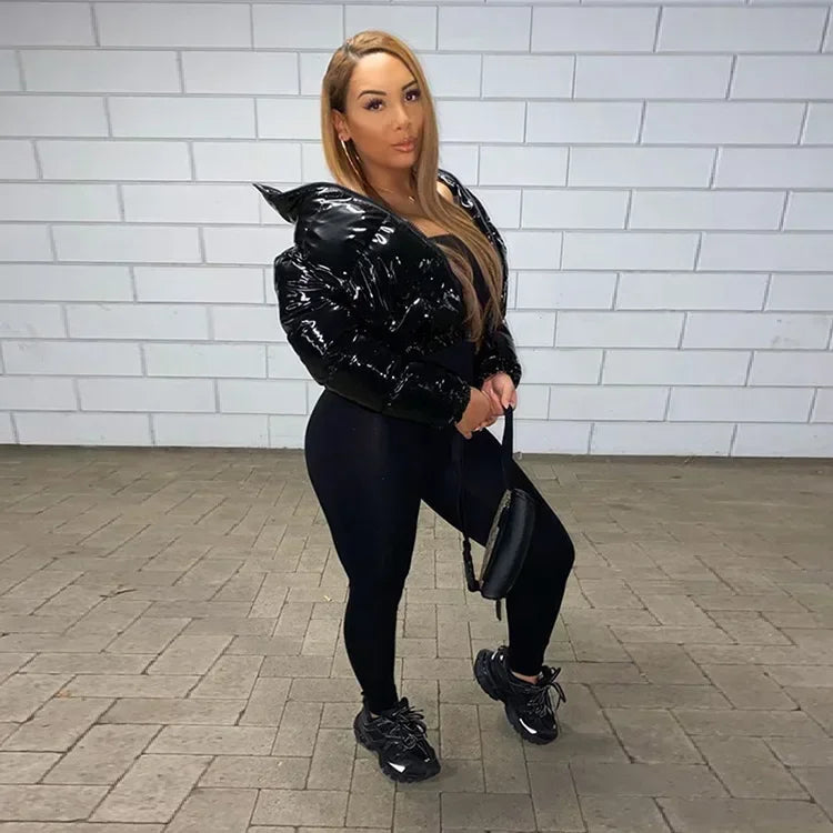 Glossy Short Puffer Jacket for Women – Cotton-Padded Zipper Coat | Casual Sexy Streetwear for Fall & Winter