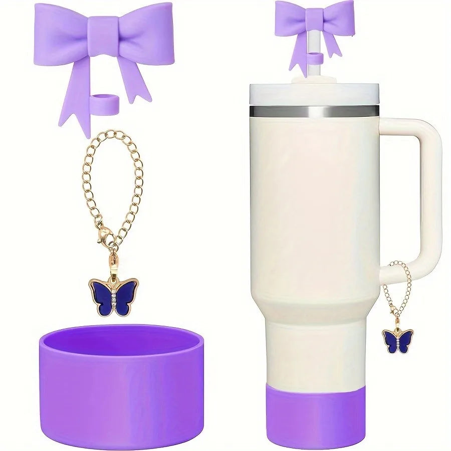 3Pcs Bow Straw Cap Covers & Toppers – Cute Silicone Accessories for Stanley Cups