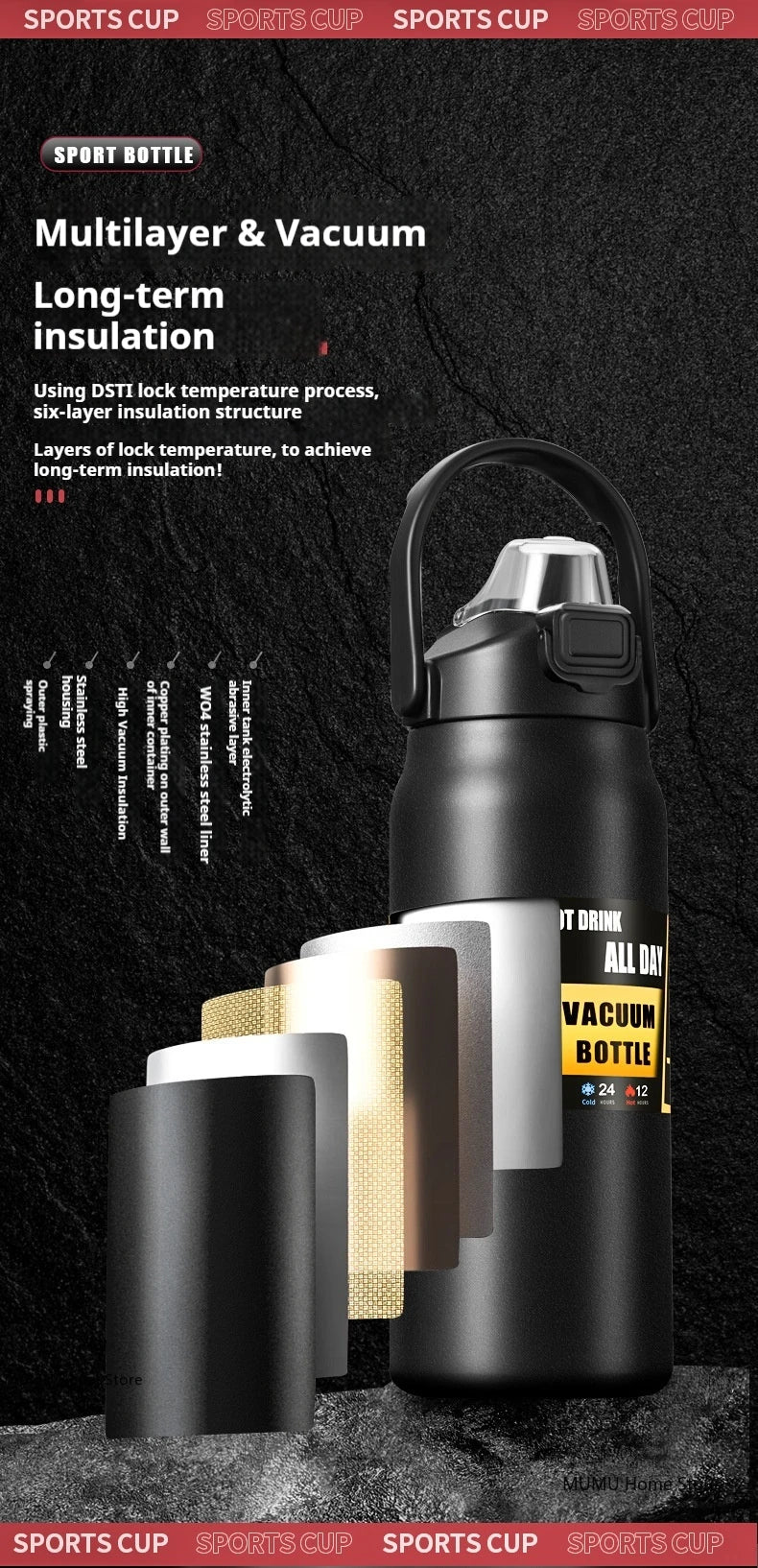 800ML / 1000ML / 1200ML Stainless Steel Thermo Water Bottle – Vacuum Insulated Travel Mug