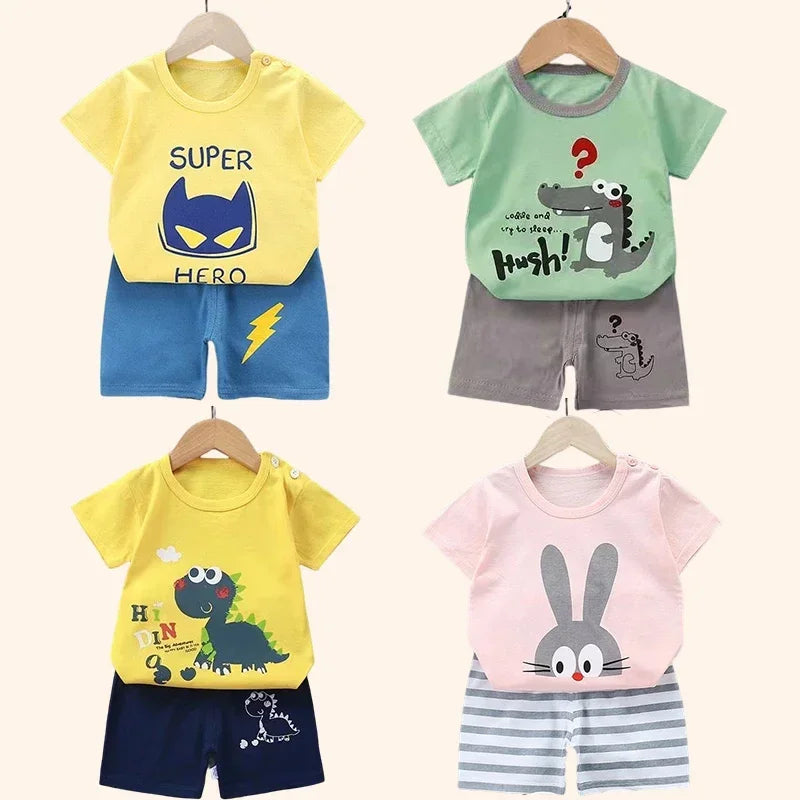 2-Piece Summer Cotton T-Shirt & Shorts Set for Toddlers – Unisex Cartoon Print Outfit