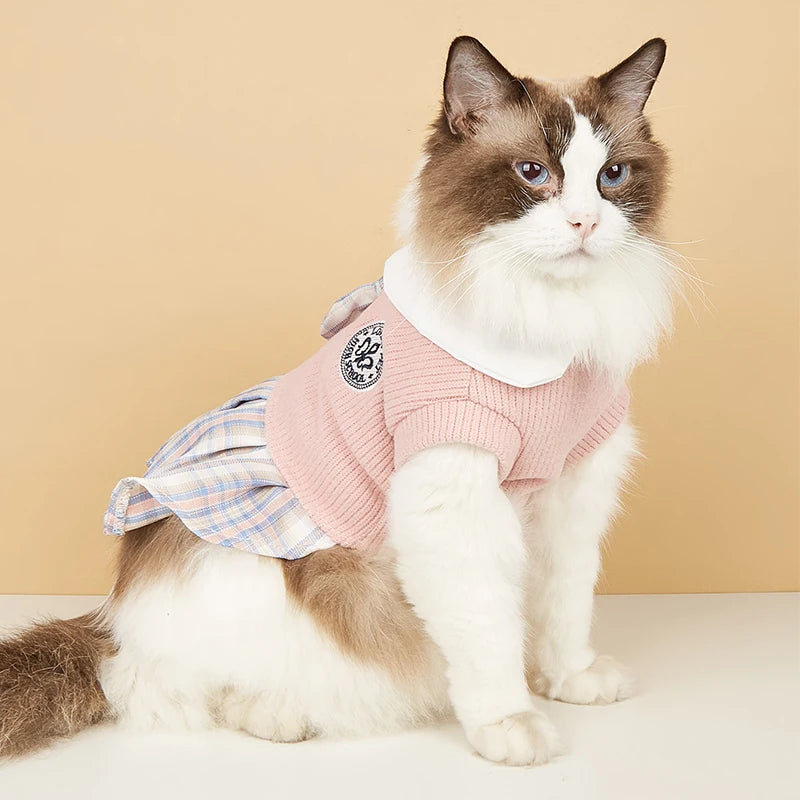 College Style Cute Pet Dress – Plaid Skirt for Small Dogs and Cats
