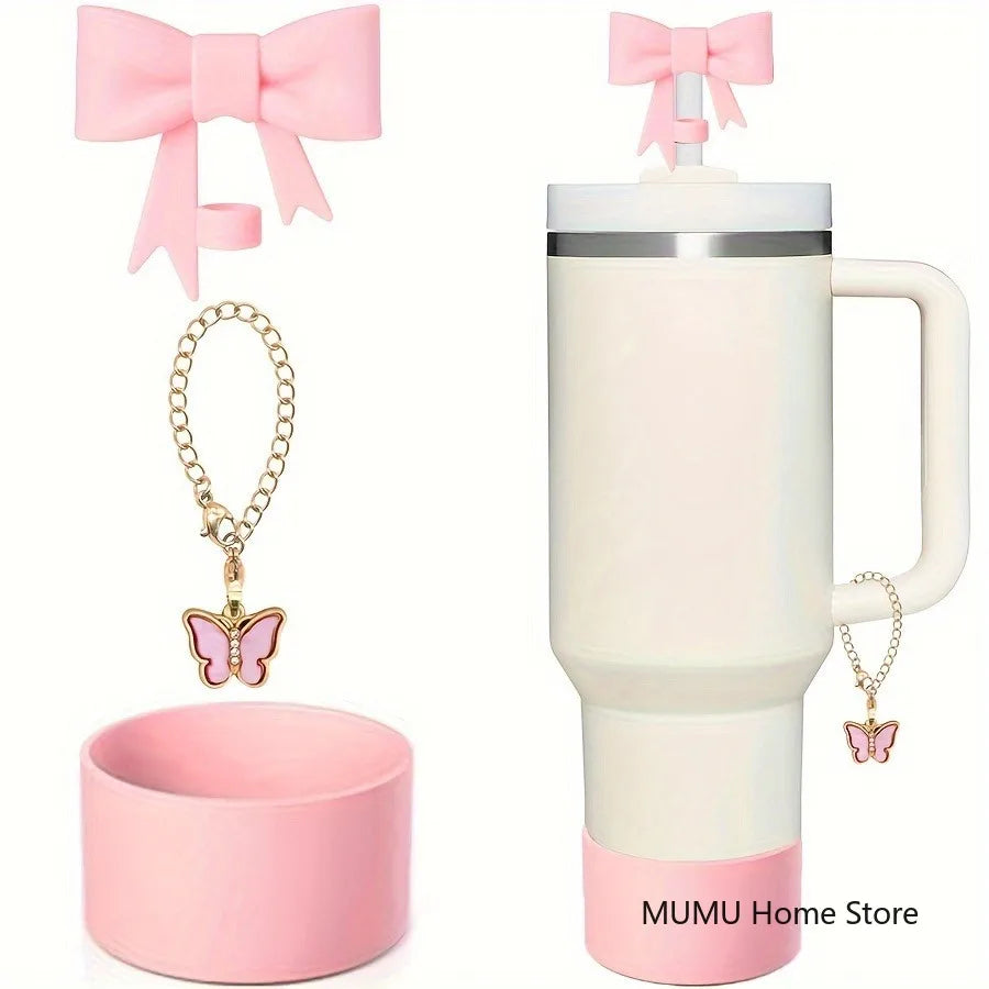 3Pcs Bow Straw Cap Covers & Toppers – Cute Silicone Accessories for Stanley Cups