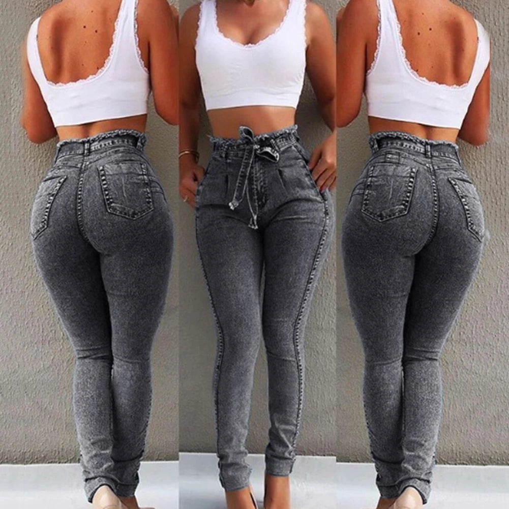 Fashion Belted High Waist Skinny Jeans for Women