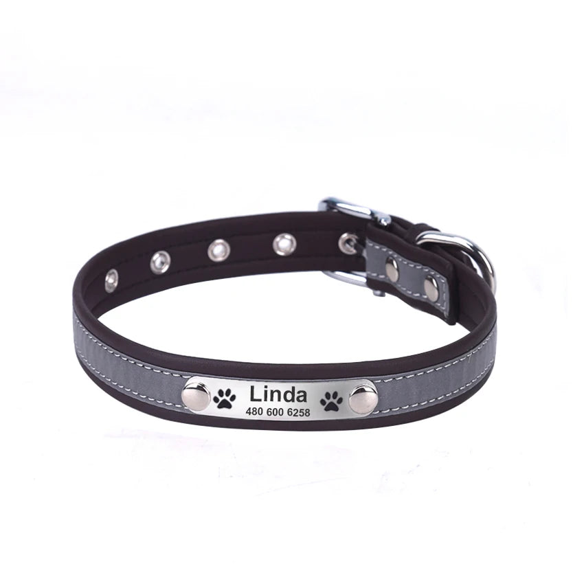 Personalized Leather Dog &amp; Cat Collar – Reflective, Custom Engraved ID Tag