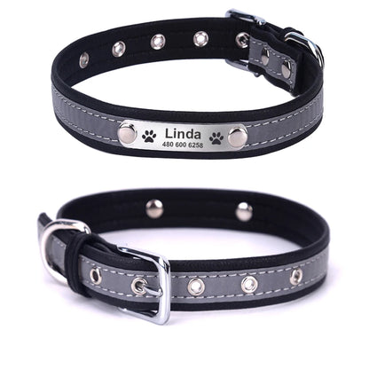 Personalized Leather Dog &amp; Cat Collar – Reflective, Custom Engraved ID Tag