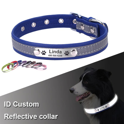 Personalized Leather Dog &amp; Cat Collar – Reflective, Custom Engraved ID Tag