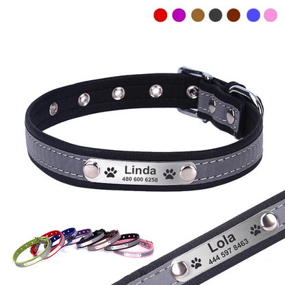 Personalized Leather Dog &amp; Cat Collar – Reflective, Custom Engraved ID Tag