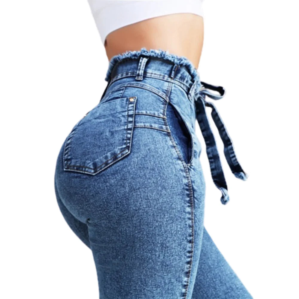 Fashion Belted High Waist Skinny Jeans for Women