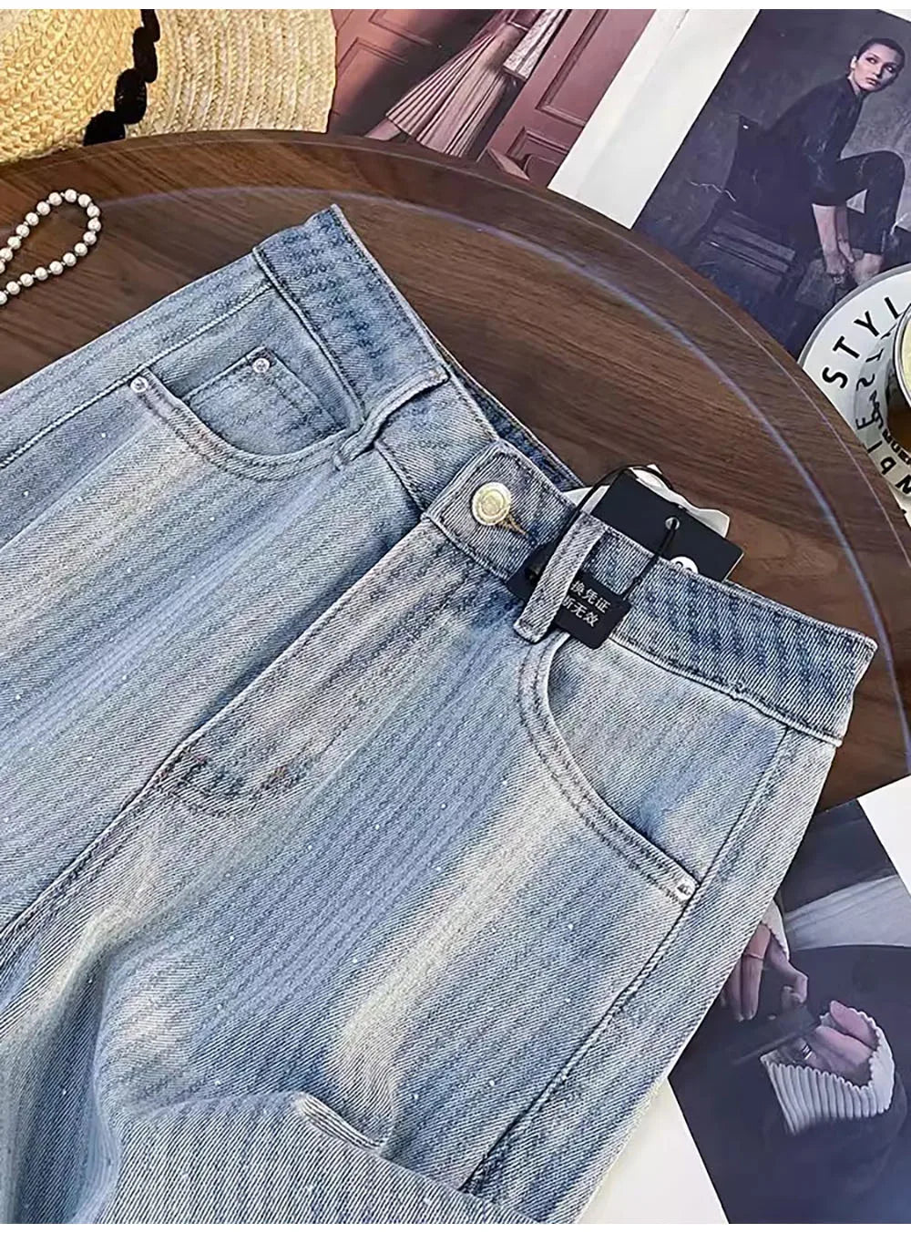 Shiny Rivet Wide Leg Jeans