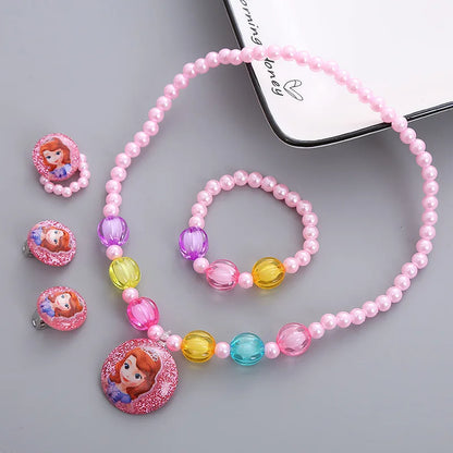 Kawaii Disney Frozen Elsa Girls Bracelet Ear Clip Ring Set Disney Princess Bracelet Cartoon Toys Kids Girls Jewelry Gifts