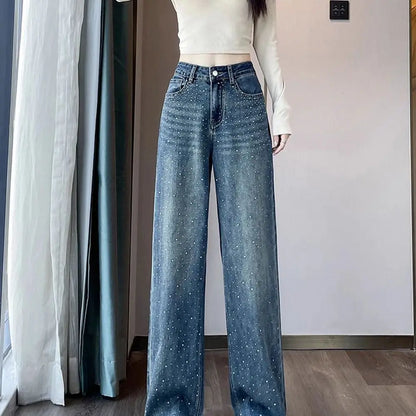 High Waist Loose Hot Stamping Diamond Denim Pants