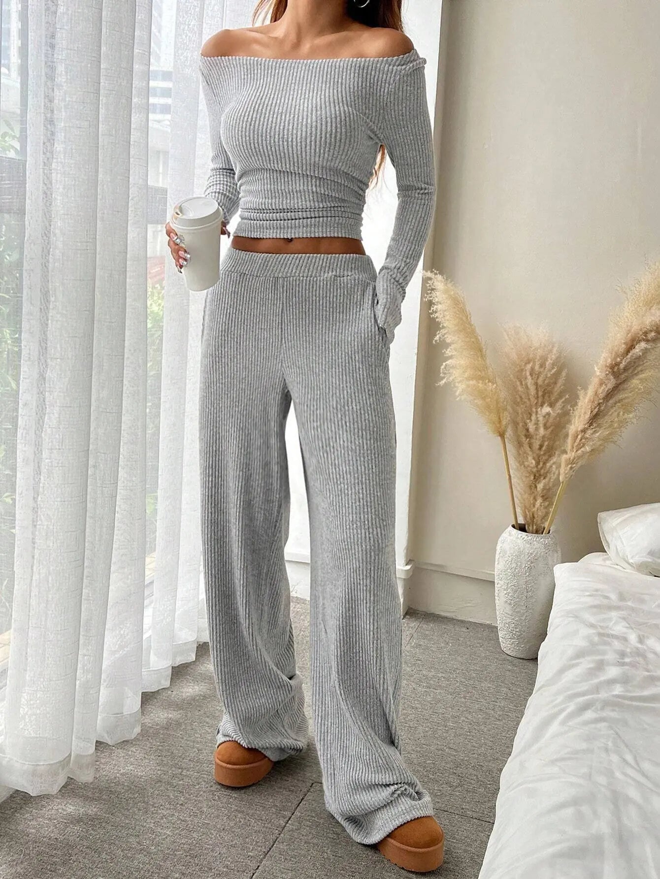 Off Shoulder Long Sleeve Top Wide Leg Pants Set