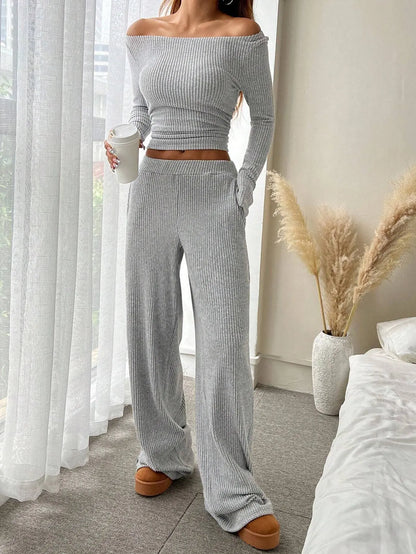 Off Shoulder Long Sleeve Top Wide Leg Pants Set