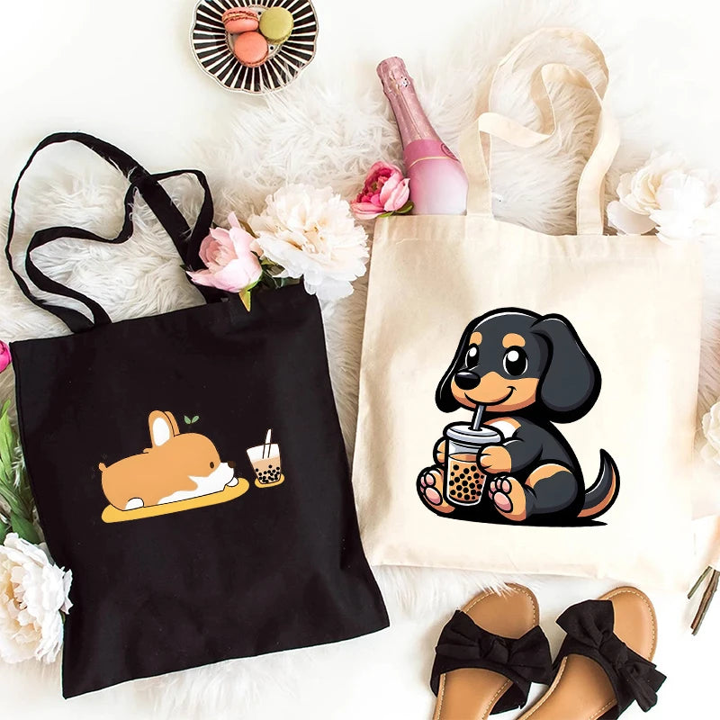 Canvas Tote Bag for Women Cute Dog Boba Tea Handbag