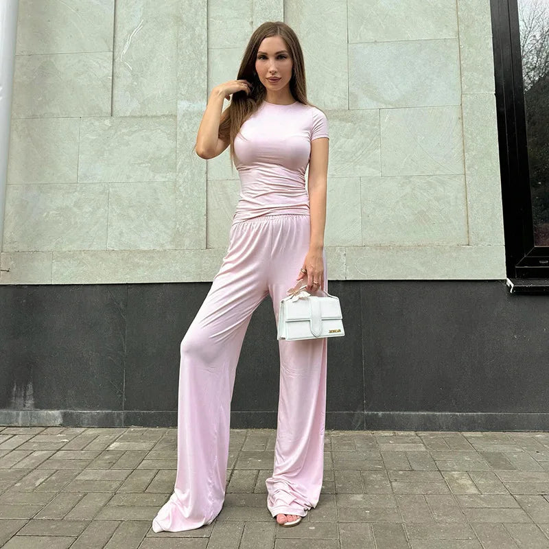 Elastic Waist Pants Set Round Neck Short