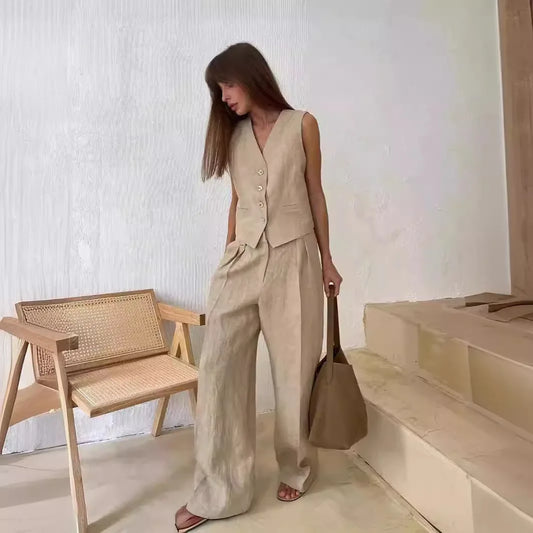 Linen Cotton Chic Vest ＆ Pants Suit Two-Piece Set