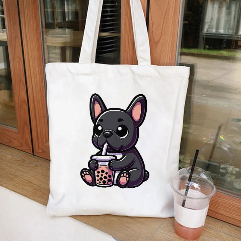 Canvas Tote Bag for Women Cute Dog Boba Tea Handbag