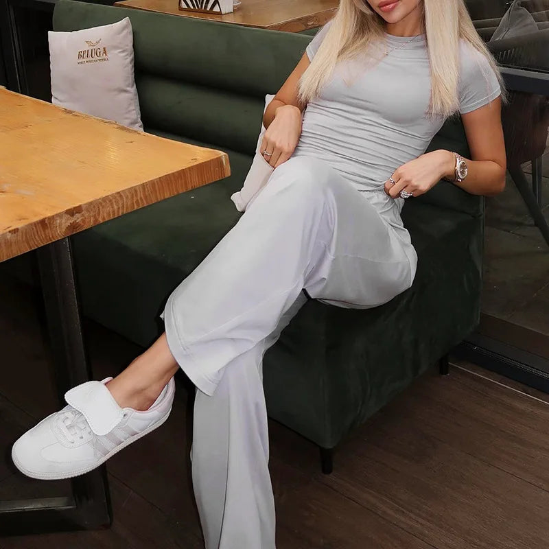 Elastic Waist Pants Set Round Neck Short