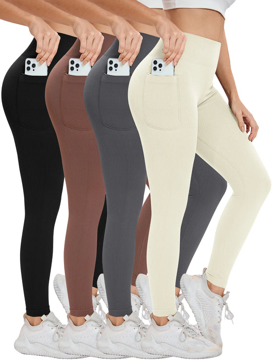 Women's solid color threaded sports leggings seamless cross-border yoga pants high-waisted fitness pants Yoga wear with pocket