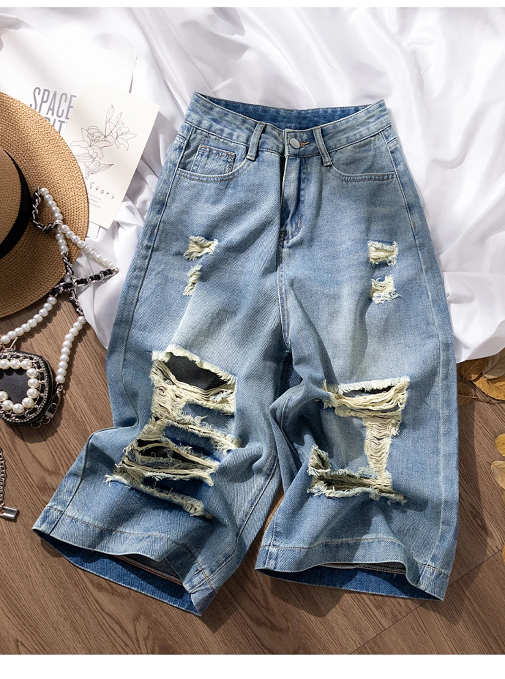 Ripped Holes Denim Shorts for Women