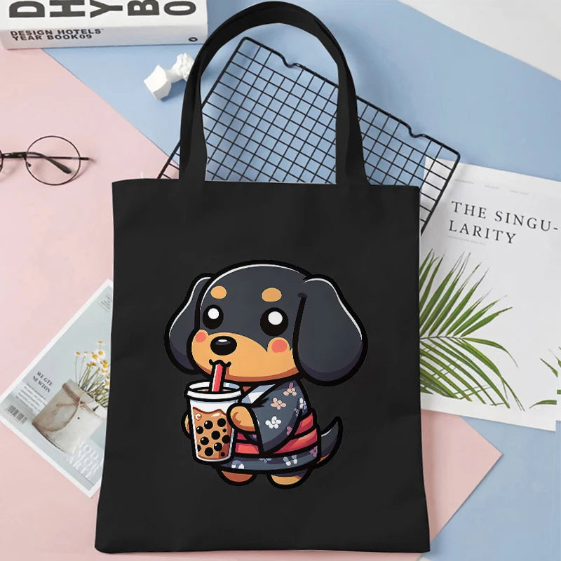 Canvas Tote Bag for Women Cute Dog Boba Tea Handbag