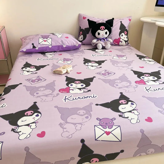 Sanrio Pure Cotton Fitted Sheet Three-piece Set Hellokitty My Melody Cotton Bedspread Cute Kuromi Full Surround Protective Cover