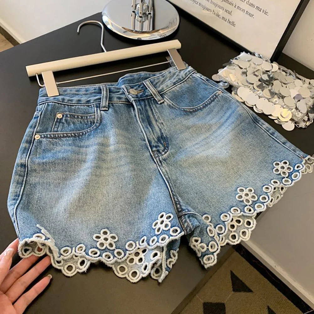 Embroidered Hollowed Out Edge Denim Shorts