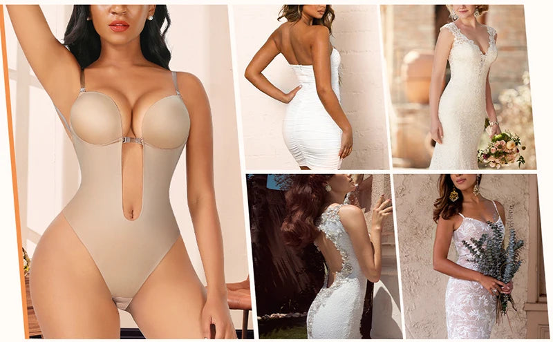 Invisible Shaper Bra Sexy Bodysuit Corset Backless Deep V-Neck U Plunge Thong Waist Trainer Clear Strap Padded Push Up Shapewear