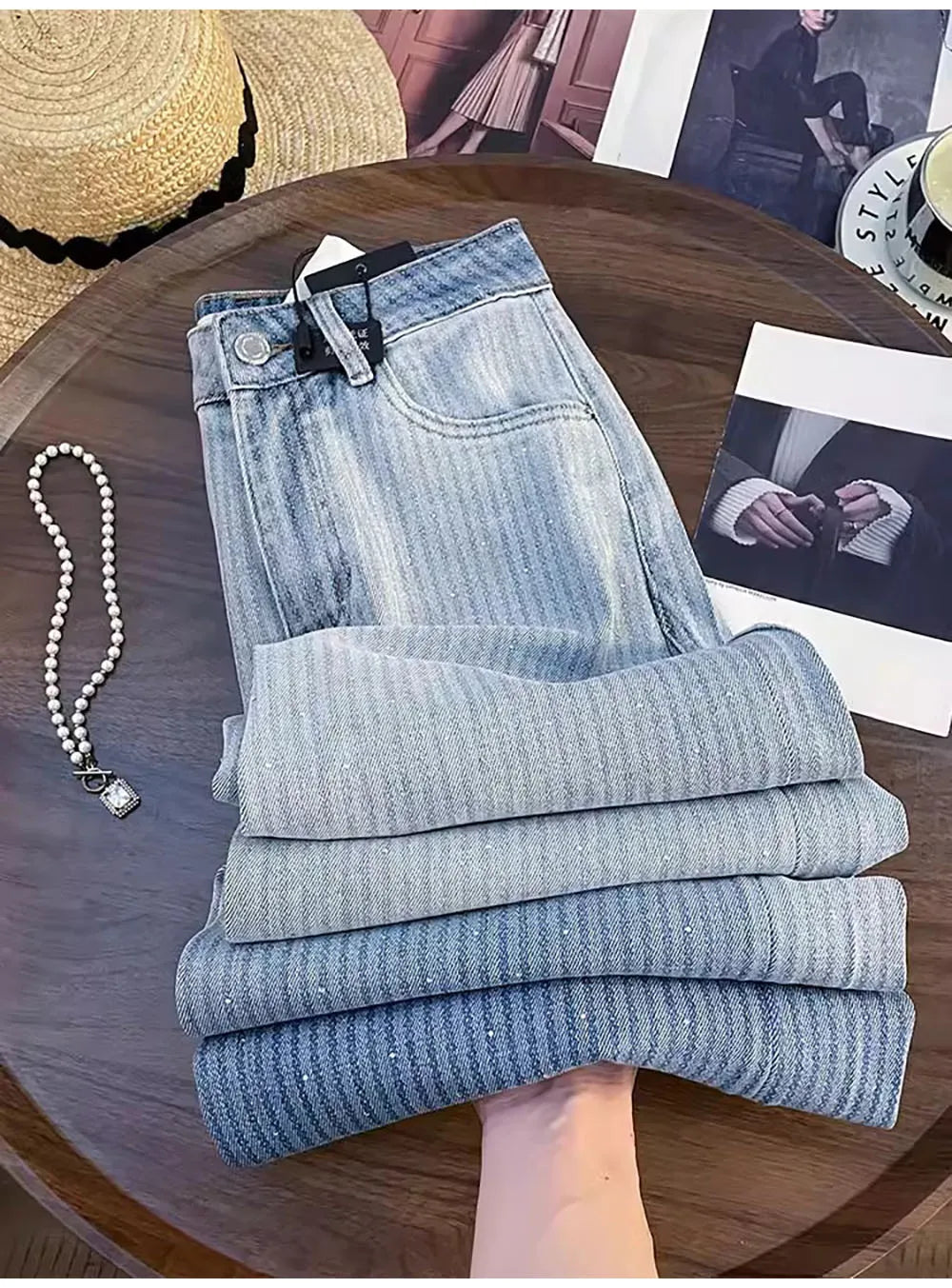 Shiny Rivet Wide Leg Jeans