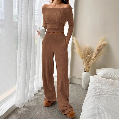 Off Shoulder Long Sleeve Top Wide Leg Pants Set