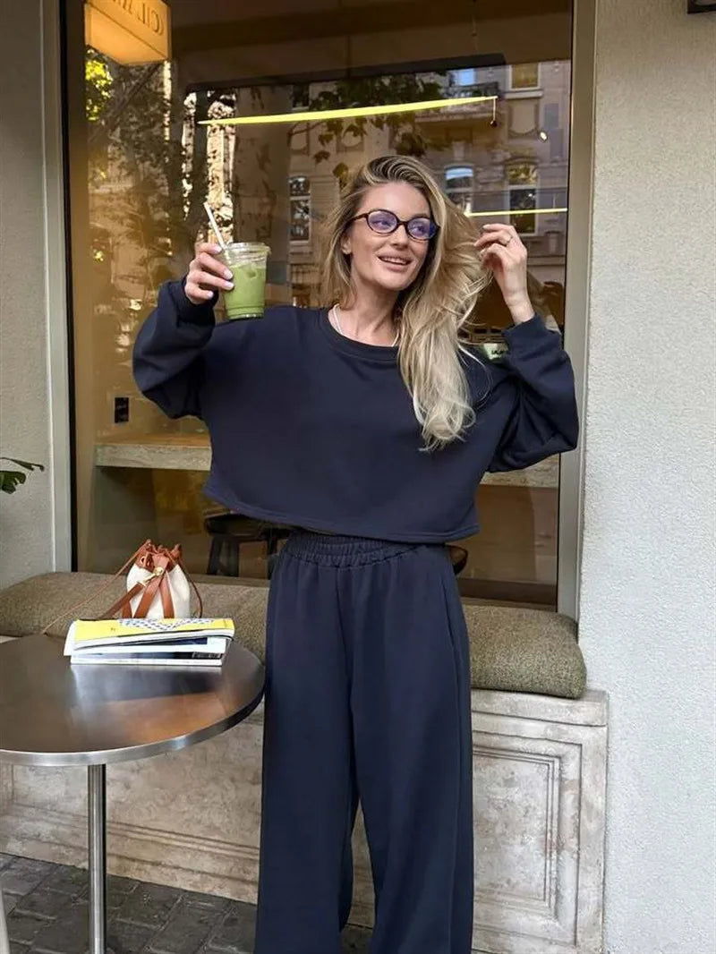 Casual Elastic Wide Leg Pants 2 Pieces Sets